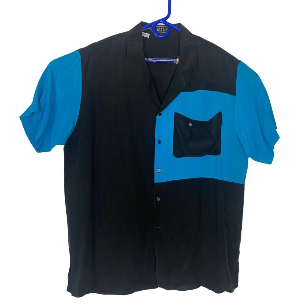 BOCCI Men Silk Short Sleeve Button Down Shirt Sz XL Blue Black Color Block 38-13